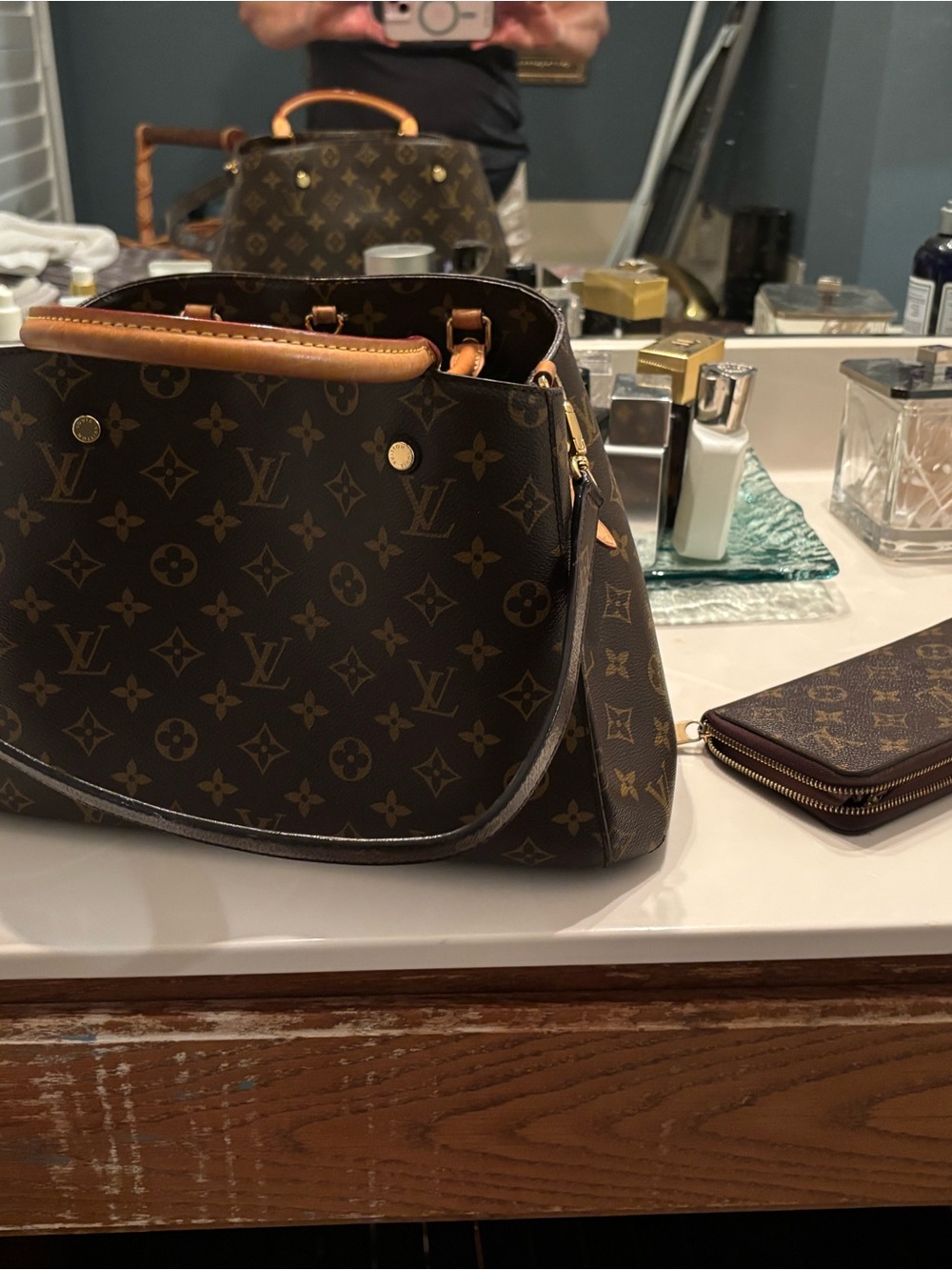 Louis Vuitton Monogram Shoulder Bag in Brown with Tan Trim